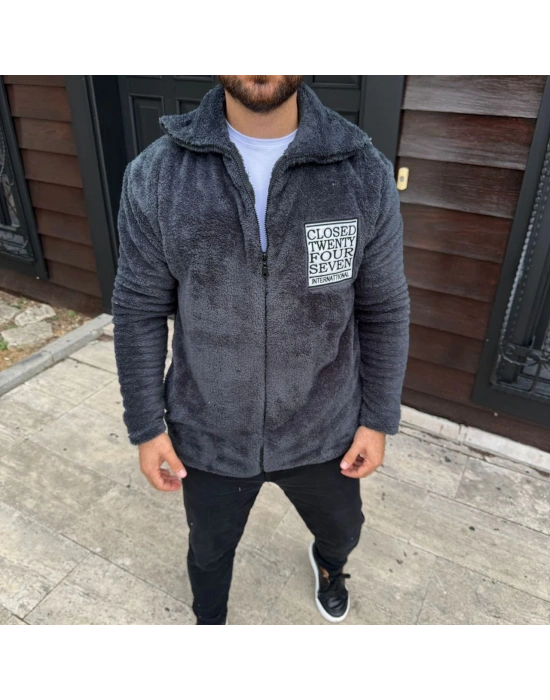 Erkek Polar Fermuarlı Sweatshirt Kapüşonsuz Cepli Yumuşak Dokulu Oversize Kalıp - Füme