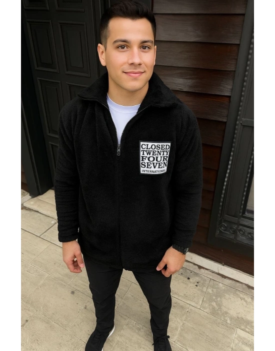 Erkek Polar Fermuarlı Sweatshirt Kapüşonsuz Cepli Yumuşak Dokulu Oversize Kalıp - Siyah