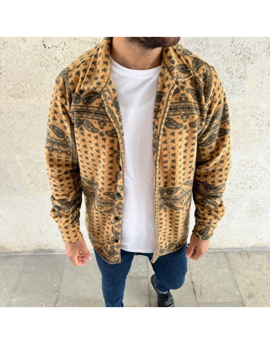 Erkek Polar Fermuarlı Sweatshirt Kapüşonsuz Cepli Yumuşak Dokulu Oversize Kalıp - Sarı