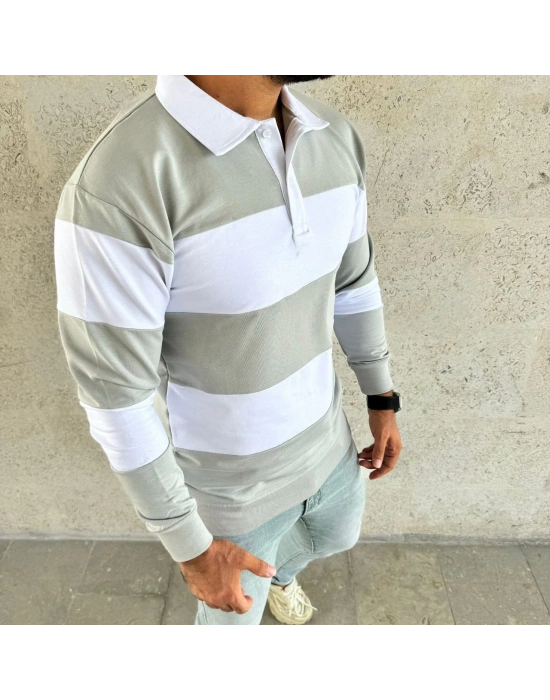 Erkek Polo Yaka Uzun Kollu Çizgili Sweatshirt Trend Rugby Stil - Mint Yeşili
