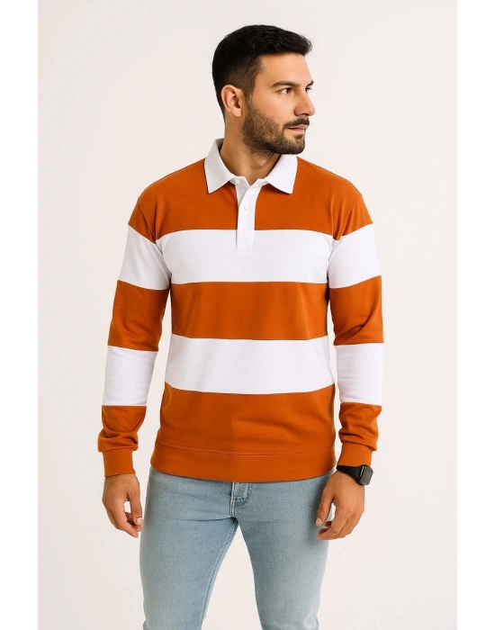 Erkek Polo Yaka Uzun Kollu Çizgili Sweatshirt Trend Rugby Stil - Turuncu