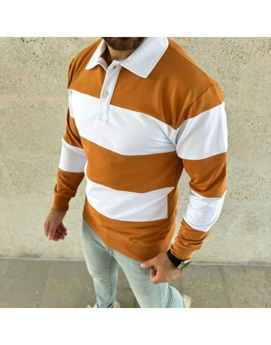 Erkek Polo Yaka Uzun Kollu Çizgili Sweatshirt Trend Rugby Stil - Turuncu