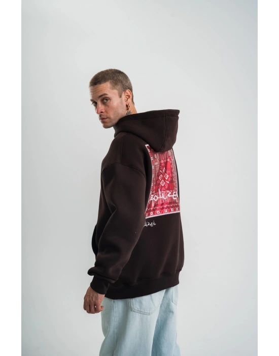 Erkek Premium Nakışlı Kapşonlu Sweatshirt Double Oversize Üç İplik Pamuklu - Siyah