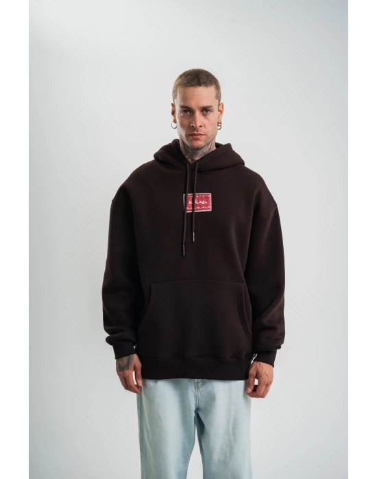 Erkek Premium Nakışlı Kapşonlu Sweatshirt Double Oversize Üç İplik Pamuklu - Siyah