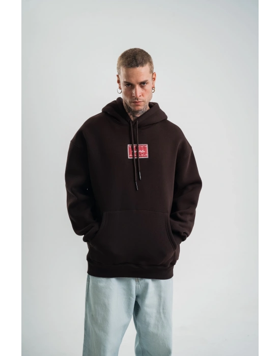 Erkek Premium Nakışlı Kapşonlu Sweatshirt Double Oversize Üç İplik Pamuklu - Siyah