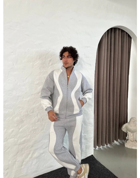 Erkek Premium Parçalı Eşofman Takım - Dik Yaka Fermuarlı Sweatshirt, - Gri