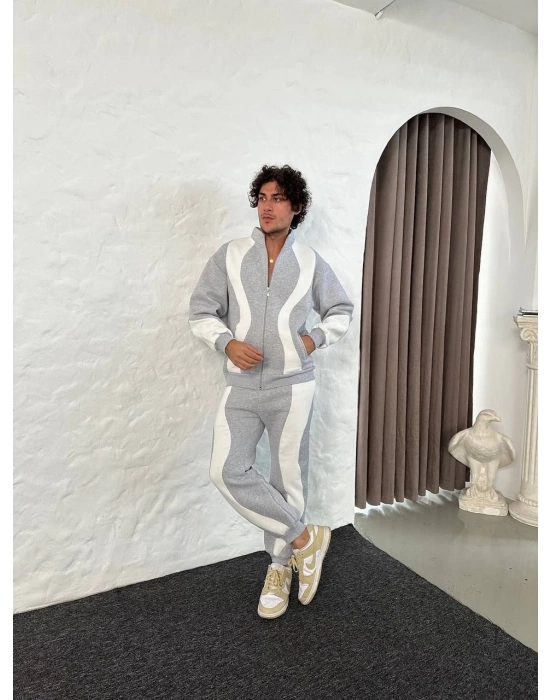 Erkek Premium Parçalı Eşofman Takım - Dik Yaka Fermuarlı Sweatshirt, - Gri