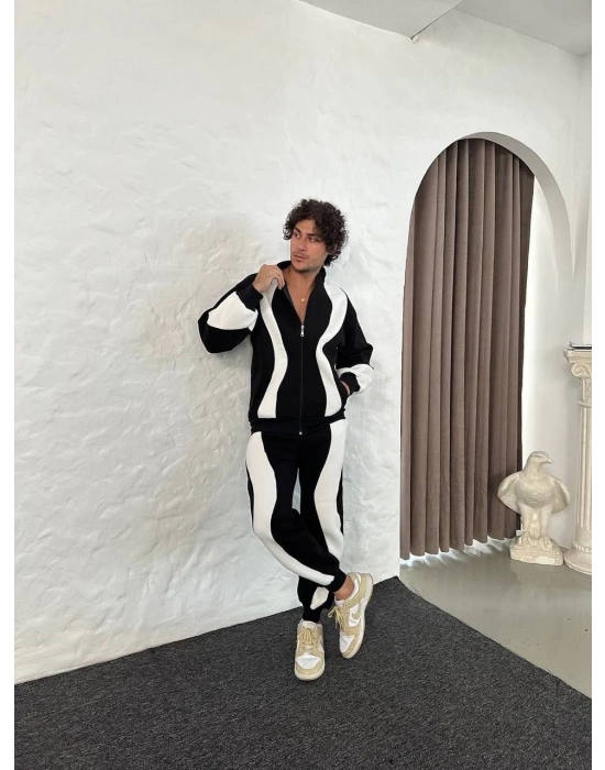 Erkek Premium Parçalı Eşofman Takım - Dik Yaka Fermuarlı Sweatshirt, - Siyah