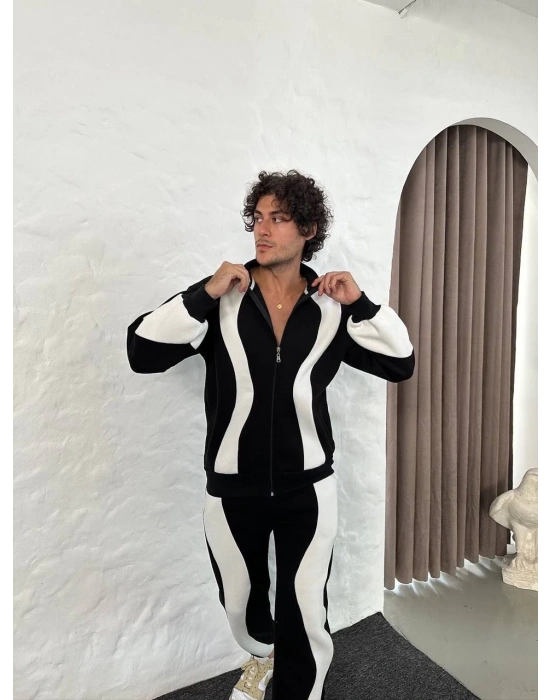 Erkek Premium Parçalı Eşofman Takım - Dik Yaka Fermuarlı Sweatshirt, - Siyah