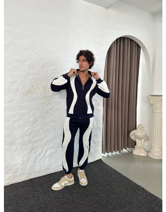 Erkek Premium Parçalı Eşofman Takım - Dik Yaka Fermuarlı Sweatshirt, - Siyah