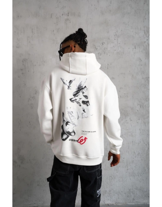 Erkek Şapkalı Güvercin Baskılı Kapşonlu Sweat - Beyaz