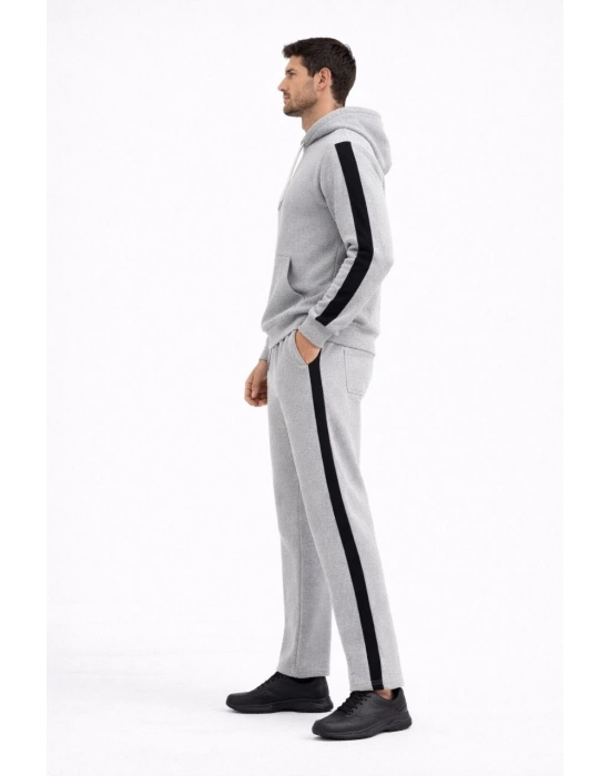 Erkek Şeritli Eşofman Takım Kapüşonlu Sweatshirt Boru Paça Alt, Oversize 3 iplik Pamuklu - Gri