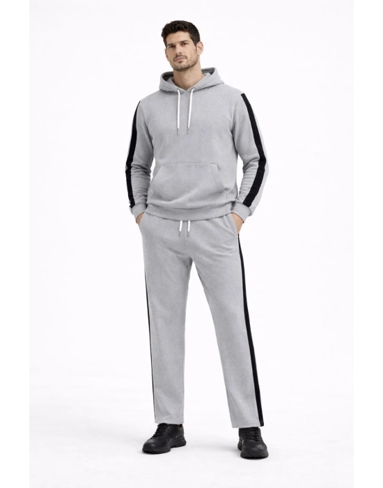 Erkek Şeritli Eşofman Takım Kapüşonlu Sweatshirt Boru Paça Alt, Oversize 3 iplik Pamuklu - Gri