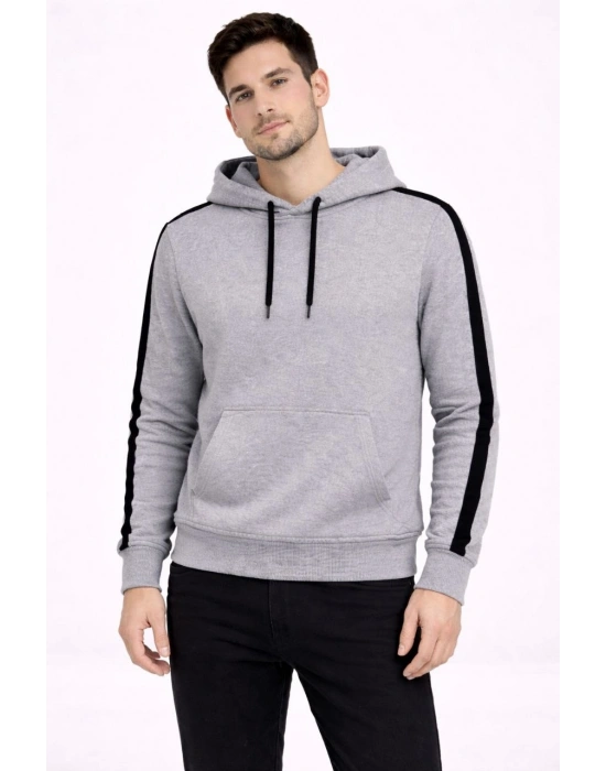 Erkek Şeritli Kapüşonlu Sweatshirt Oversize 3 iplik Pamuklu - Gri