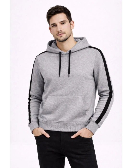 Erkek Şeritli Kapüşonlu Sweatshirt Oversize 3 iplik Pamuklu - Gri