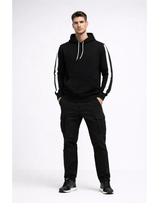 Erkek Şeritli Kapüşonlu Sweatshirt Oversize 3 iplik Pamuklu - Siyah