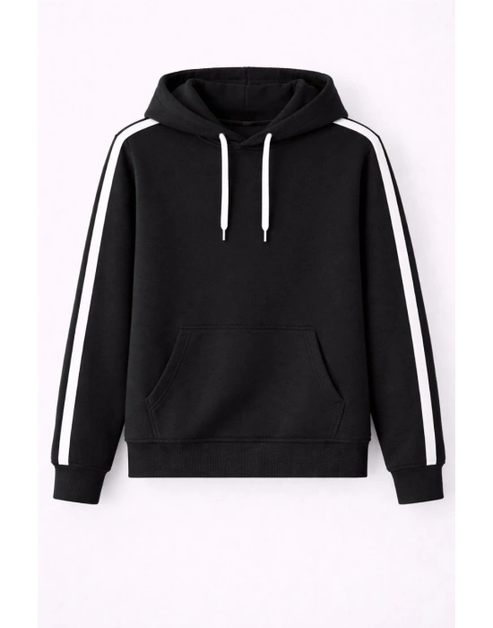 Erkek Şeritli Kapüşonlu Sweatshirt Oversize 3 iplik Pamuklu - Siyah