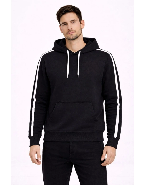 Erkek Şeritli Kapüşonlu Sweatshirt Oversize 3 iplik Pamuklu - Siyah