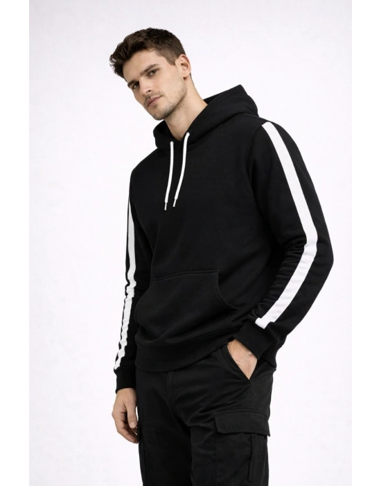 Erkek Şeritli Kapüşonlu Sweatshirt Oversize 3 iplik Pamuklu - Siyah