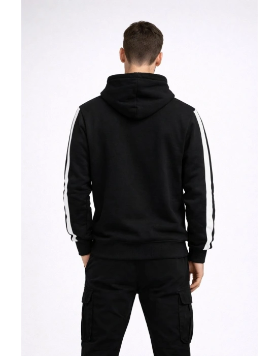 Erkek Şeritli Kapüşonlu Sweatshirt Oversize 3 iplik Pamuklu - Siyah