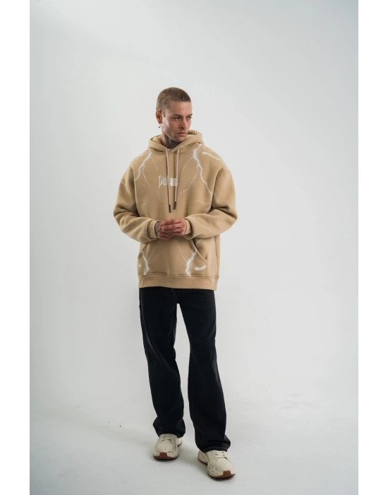 Erkek Şimşek Baskılı Kapşonlu Sweatshirt Üç İplik Pamuklu Kanguru Cepli Double - Füme