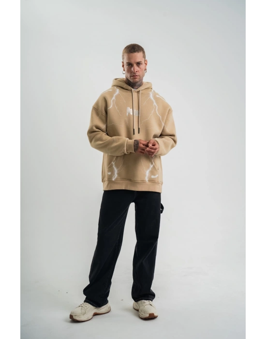 Erkek Şimşek Baskılı Kapşonlu Sweatshirt Üç İplik Pamuklu Kanguru Cepli Double - Füme