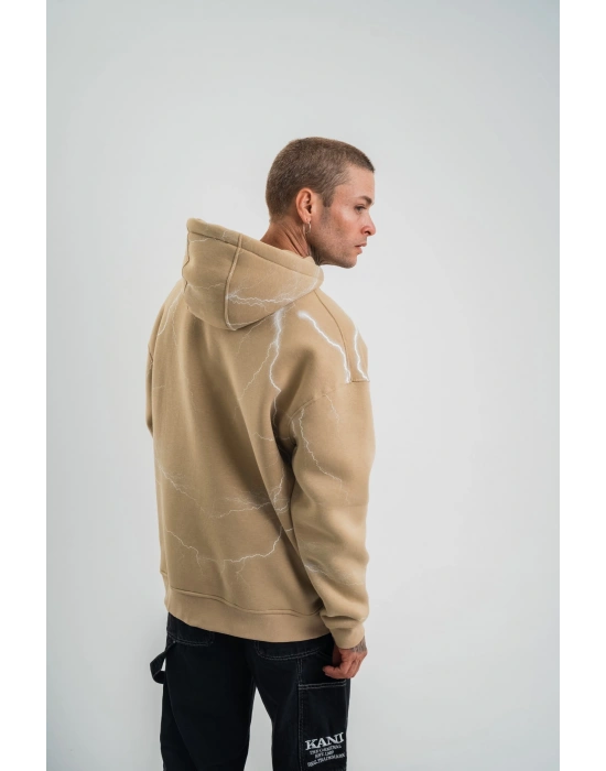 Erkek Şimşek Baskılı Kapşonlu Sweatshirt Üç İplik Pamuklu Kanguru Cepli Double - Füme