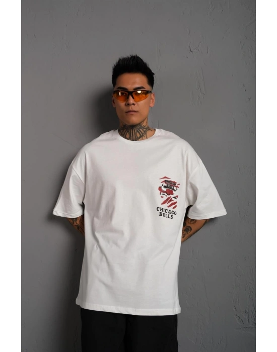 Erkek Sırt Baskılı A Kalite Oversize T-shirt - Beyaz