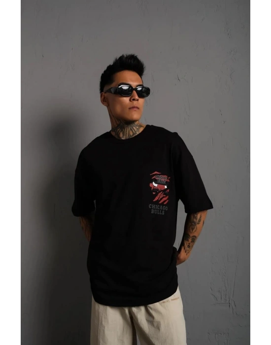 Erkek Sırt Baskılı A Kalite Oversize T-shirt - Siyah