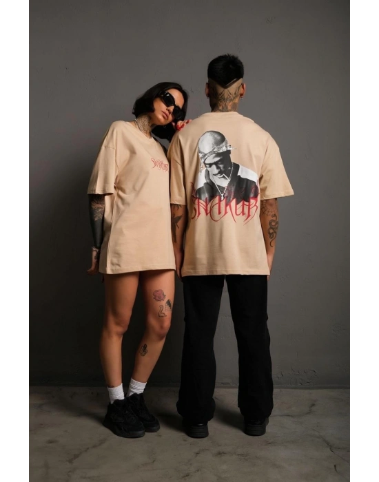 Erkek Sırt Baskılı Oversize T-shirt - Bej
