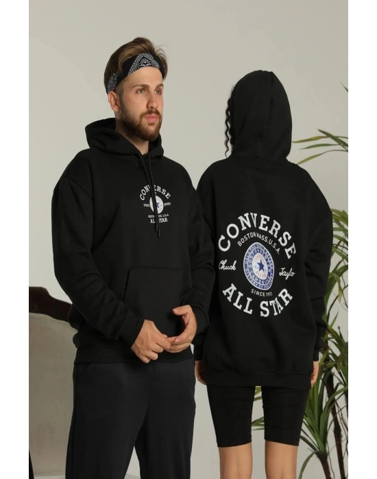 Erkek Sırt Baskılı Oversize Üç İplik Kapüşonlu Hoodie Sweatshirt - Siyah