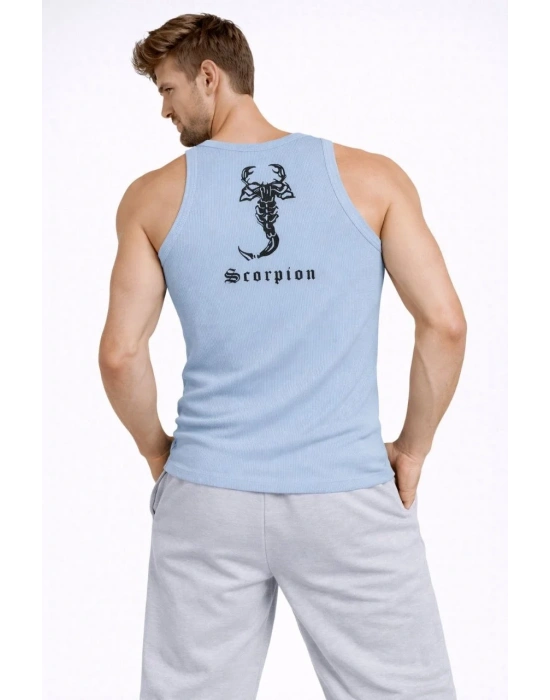 Erkek Spor Fitilli Atlet 2li Set Kahverengi Bebek Mavisi Slim Fit Kaşkorse Arka Baskılı