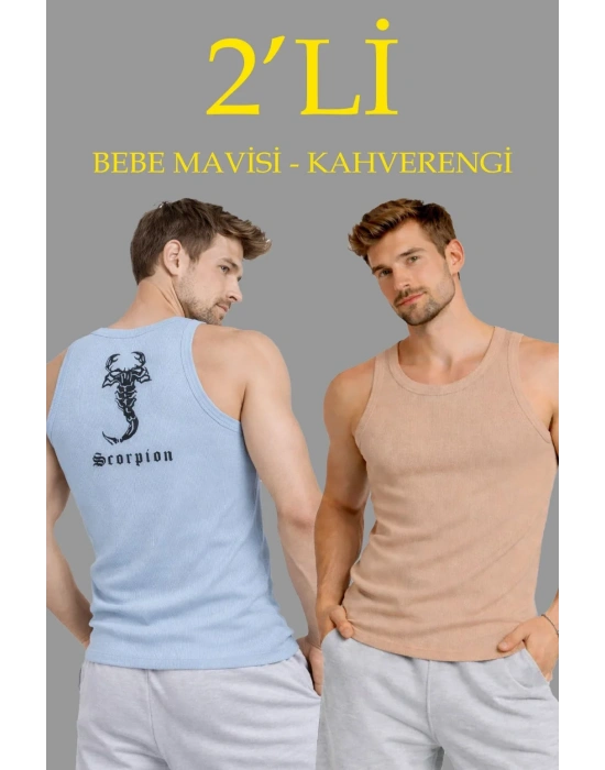 Erkek Spor Fitilli Atlet 2li Set Kahverengi Bebek Mavisi Slim Fit Kaşkorse Arka Baskılı