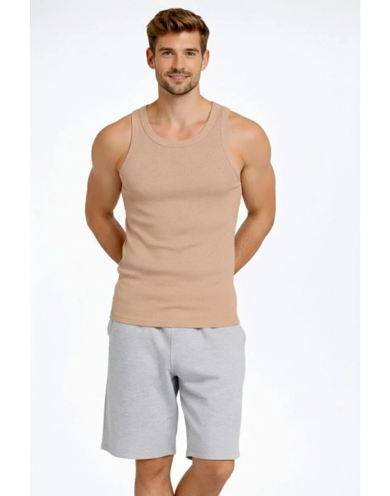 Erkek Spor Fitilli Atlet 2li Set Kahverengi Bebek Mavisi Slim Fit Kaşkorse Arka Baskılı