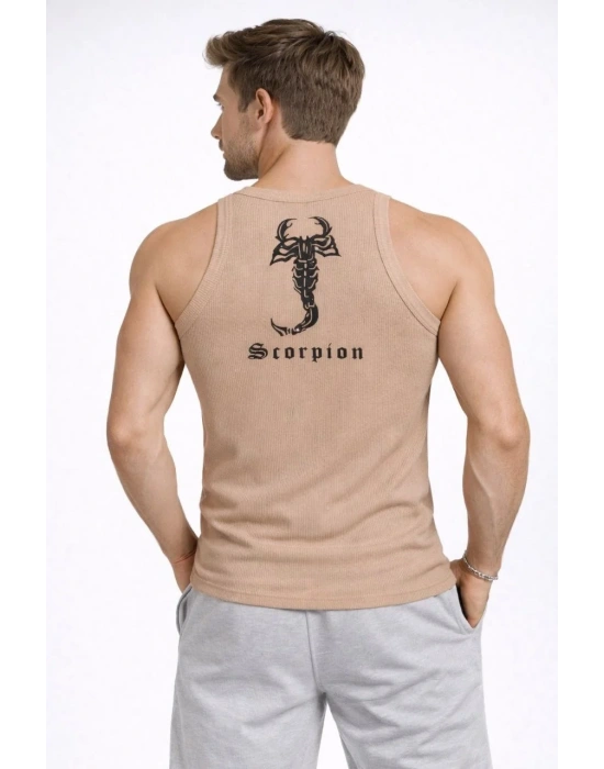 Erkek Spor Fitilli Atlet 2li Set Kahverengi ve Beyaz Slim Fit Kaşkorse Arka Baskılı Spor Atlet