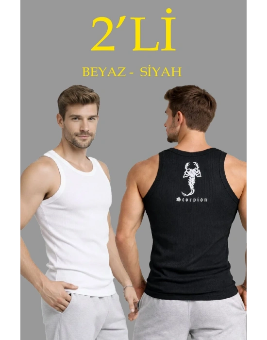 Erkek Spor Fitilli Atlet 2li Set Siyah ve Beyaz Slim Fit Kaşkorse Arka Baskılı Spor Atlet
