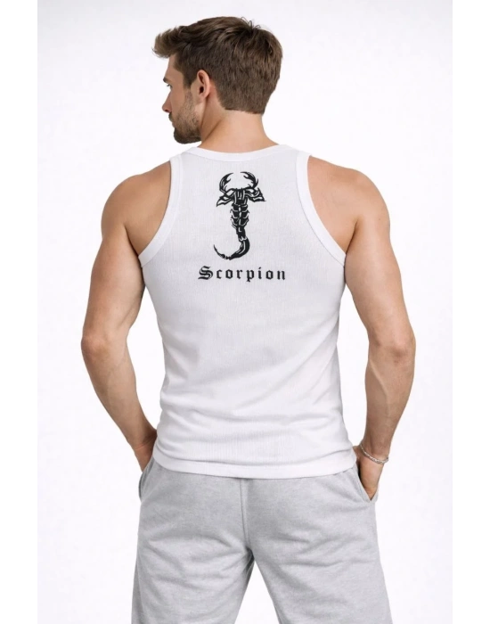 Erkek Spor Fitilli Atlet 2li Set Siyah ve Beyaz Slim Fit Kaşkorse Arka Baskılı Spor Atlet