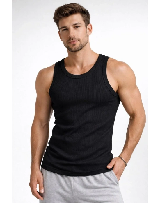 Erkek Spor Fitilli Atlet 2li Set Siyah ve Beyaz Slim Fit Kaşkorse Arka Baskılı Spor Atlet