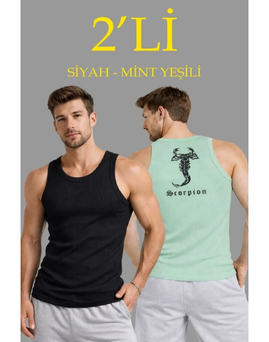 Erkek Spor Fitilli Atlet 2li Set Siyah ve Mint Yeşili Slim Fit Kaşkorse Arka Baskılı Spor Atlet