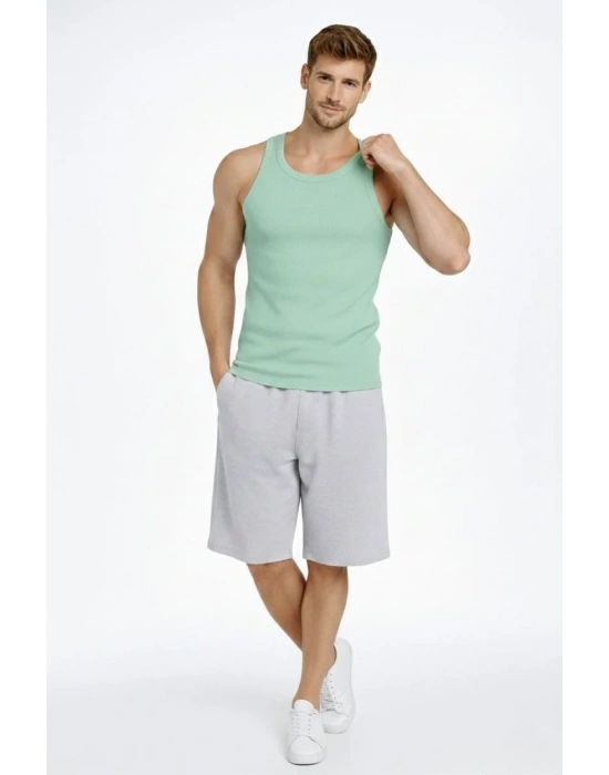 Erkek Spor Fitilli Atlet 2li Set Siyah ve Mint Yeşili Slim Fit Kaşkorse Arka Baskılı Spor Atlet