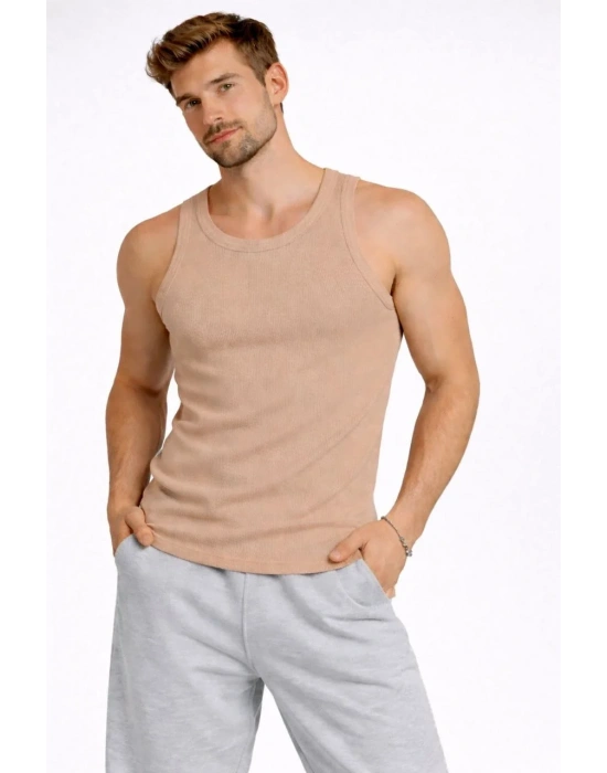 Erkek Spor Fitilli Atlet 3lü Set Beyaz Siyah Kahverengi Slim Fit Kaşkorse Arka Baskılı