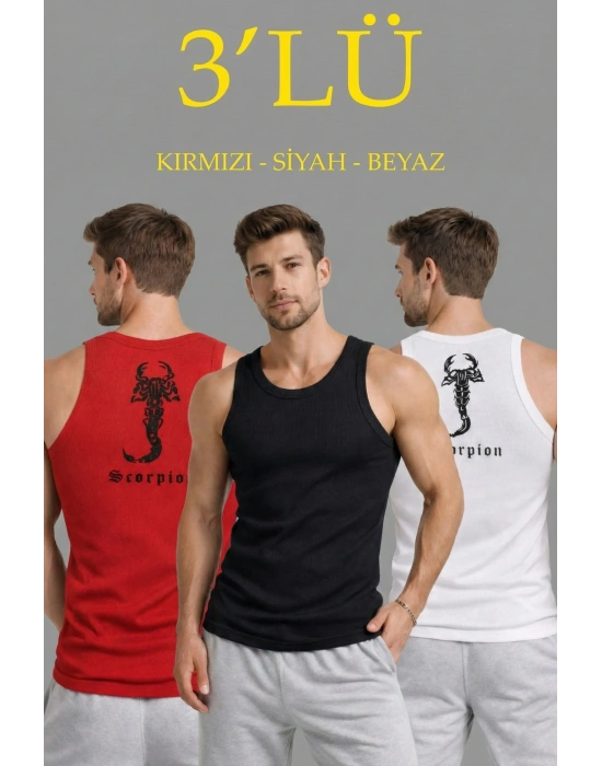 Erkek Spor Fitilli Atlet 3lü Set Kırmızı, Siyah ve Beyaz Slim Fit Kaşkorse Arka Baskılı Spor Atlet