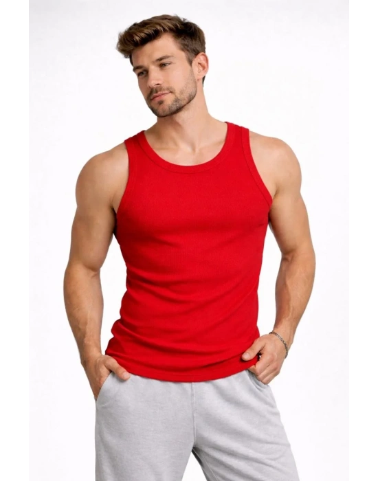Erkek Spor Fitilli Atlet 3lü Set Kırmızı, Siyah ve Beyaz Slim Fit Kaşkorse Arka Baskılı Spor Atlet