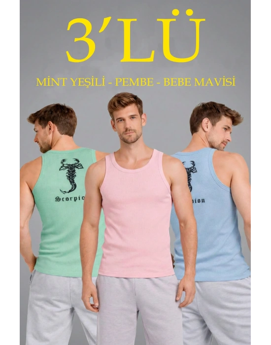 Erkek Spor Fitilli Atlet 3lü Set Mint Yeşili Pembe Bebek Mavisi Slim Fit Kaşkorse Arka