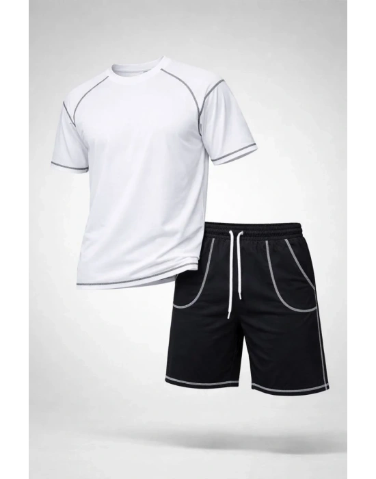 Erkek Spor Tişört Şort Takım Kontrast Dikiş Detaylı Ovarsize rahat kalıp - Beyaz