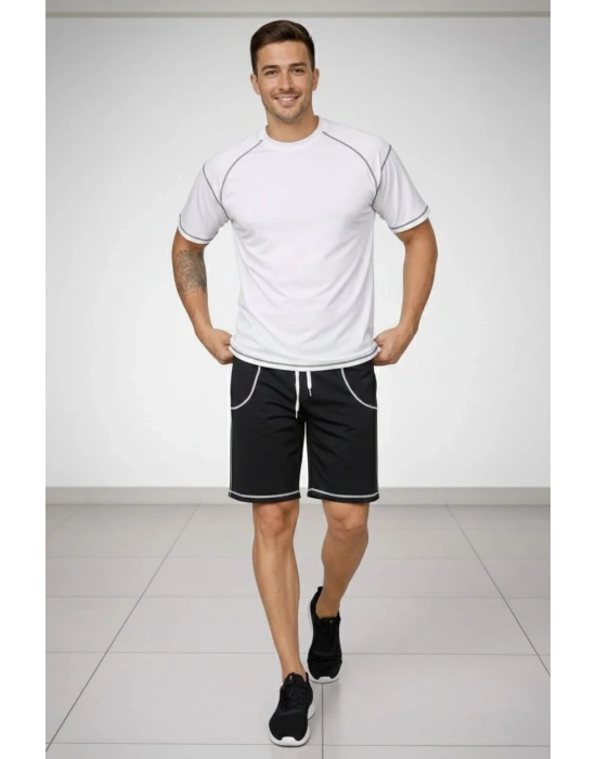 Erkek Spor Tişört Şort Takım Kontrast Dikiş Detaylı Ovarsize rahat kalıp - Beyaz