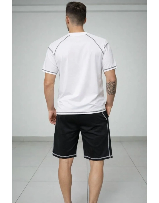 Erkek Spor Tişört Şort Takım Kontrast Dikiş Detaylı Ovarsize rahat kalıp - Beyaz