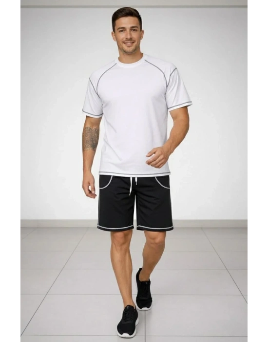 Erkek Spor Tişört Şort Takım Kontrast Dikiş Detaylı Ovarsize rahat kalıp - Beyaz