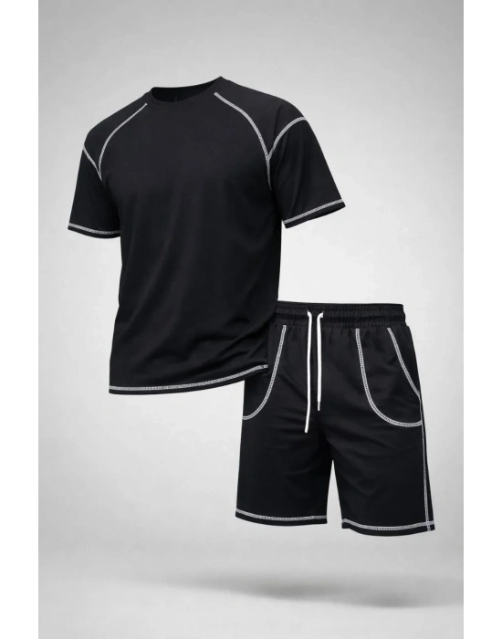 Erkek Spor Tişört Şort Takım Kontrast Dikiş Detaylı Ovarsize rahat kalıp - Siyah