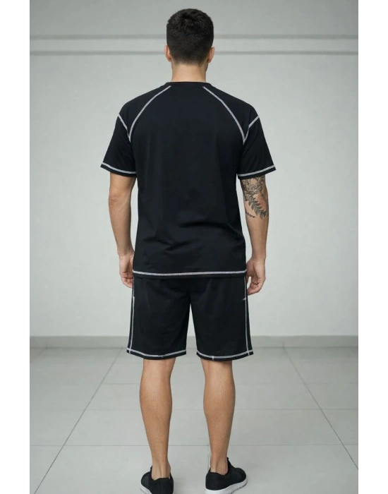 Erkek Spor Tişört Şort Takım Kontrast Dikiş Detaylı Ovarsize rahat kalıp - Siyah